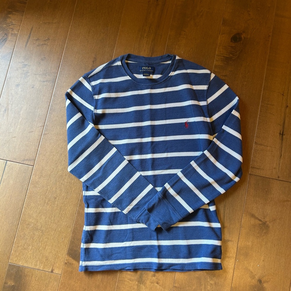 Polo by Ralph Lauren Navy and White Striped Top sleep shirt waffle size M